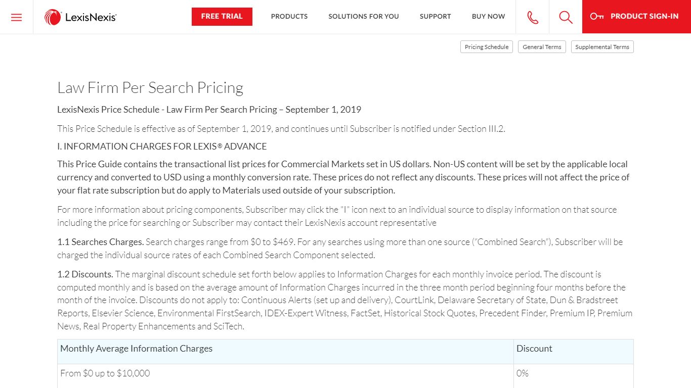 LexisNexis Corporate Legal Search Price Schedule